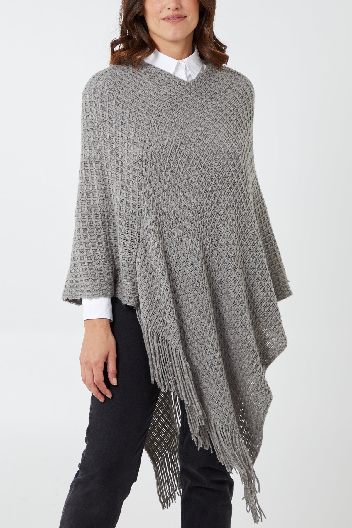 Waffle Knit Fringe Hem Poncho