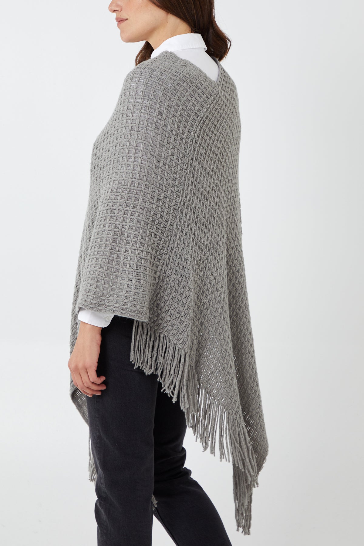 Waffle Knit Fringe Hem Poncho