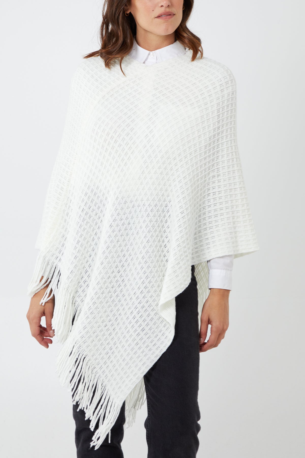 Waffle Knit Fringe Hem Poncho