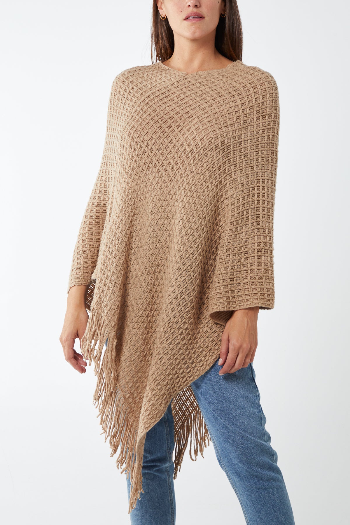 Waffle Knit Fringe Hem Poncho