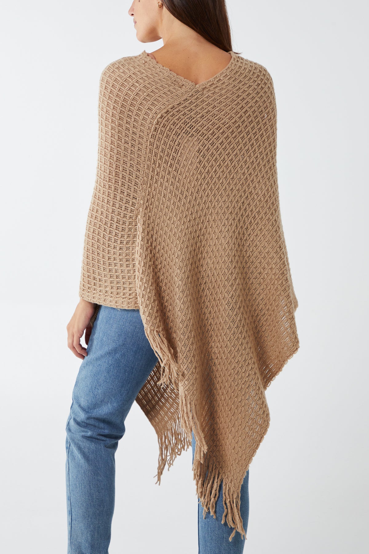 Waffle Knit Fringe Hem Poncho