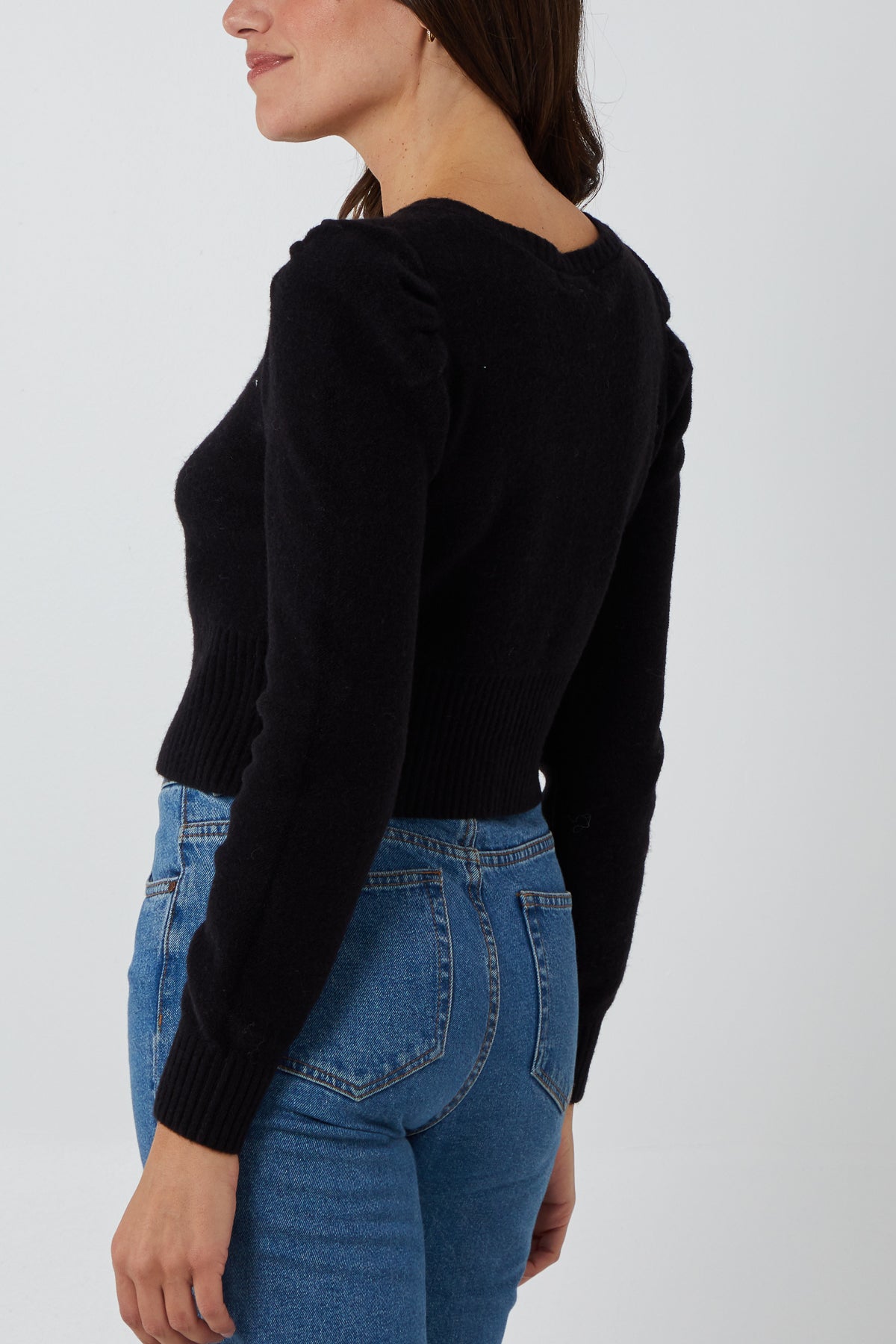 Knitted Puff Sleeve Pearl Button Cardigan