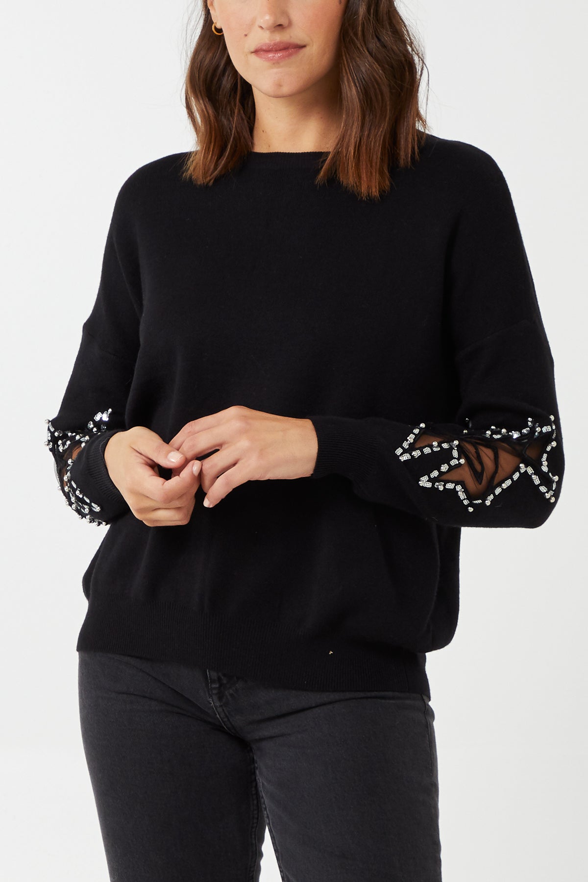Crew Neck Jumper With Star Mesh Sleeves