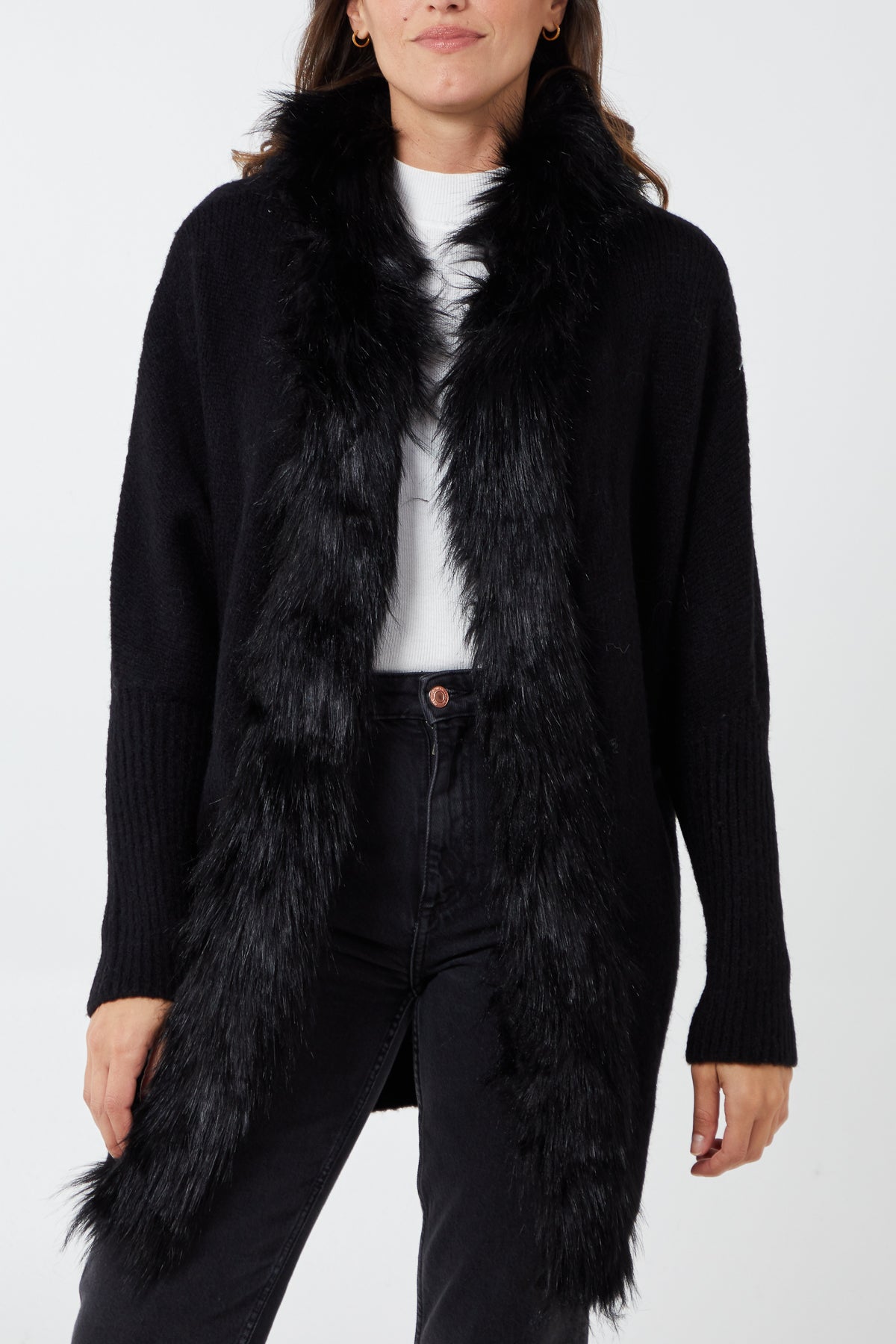 Fur Trim Batwing Hooded Cardigan
