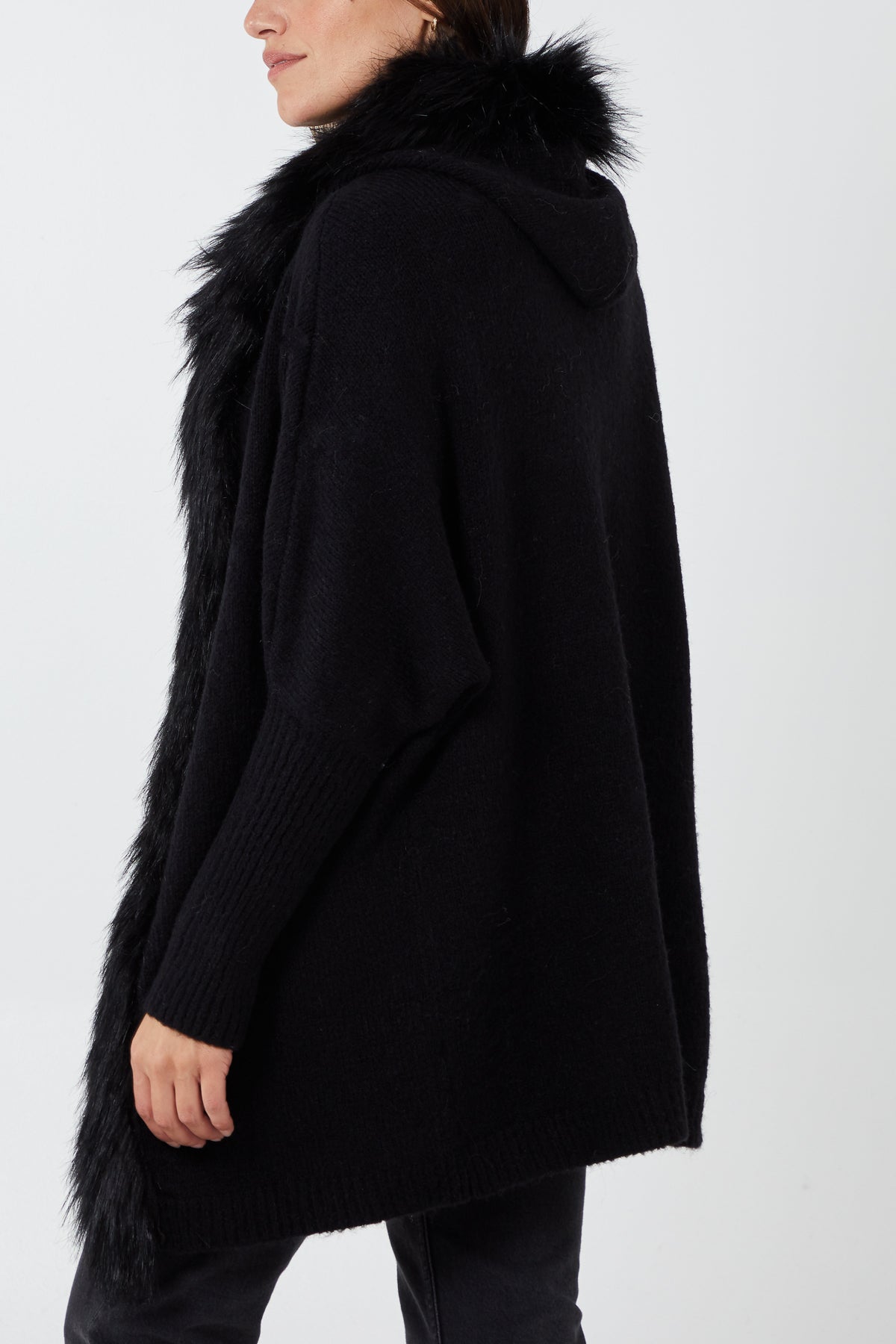 Fur Trim Batwing Hooded Cardigan