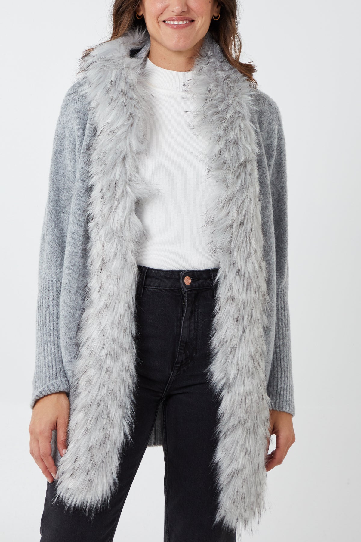 Fur Trim Batwing Hooded Cardigan