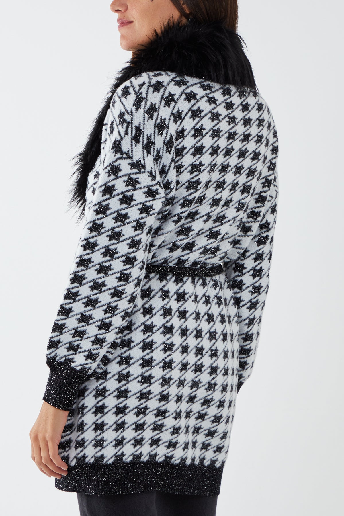 Detachable Faux Fur Super Soft Touch Lurex Patterned Belted Cardigan
