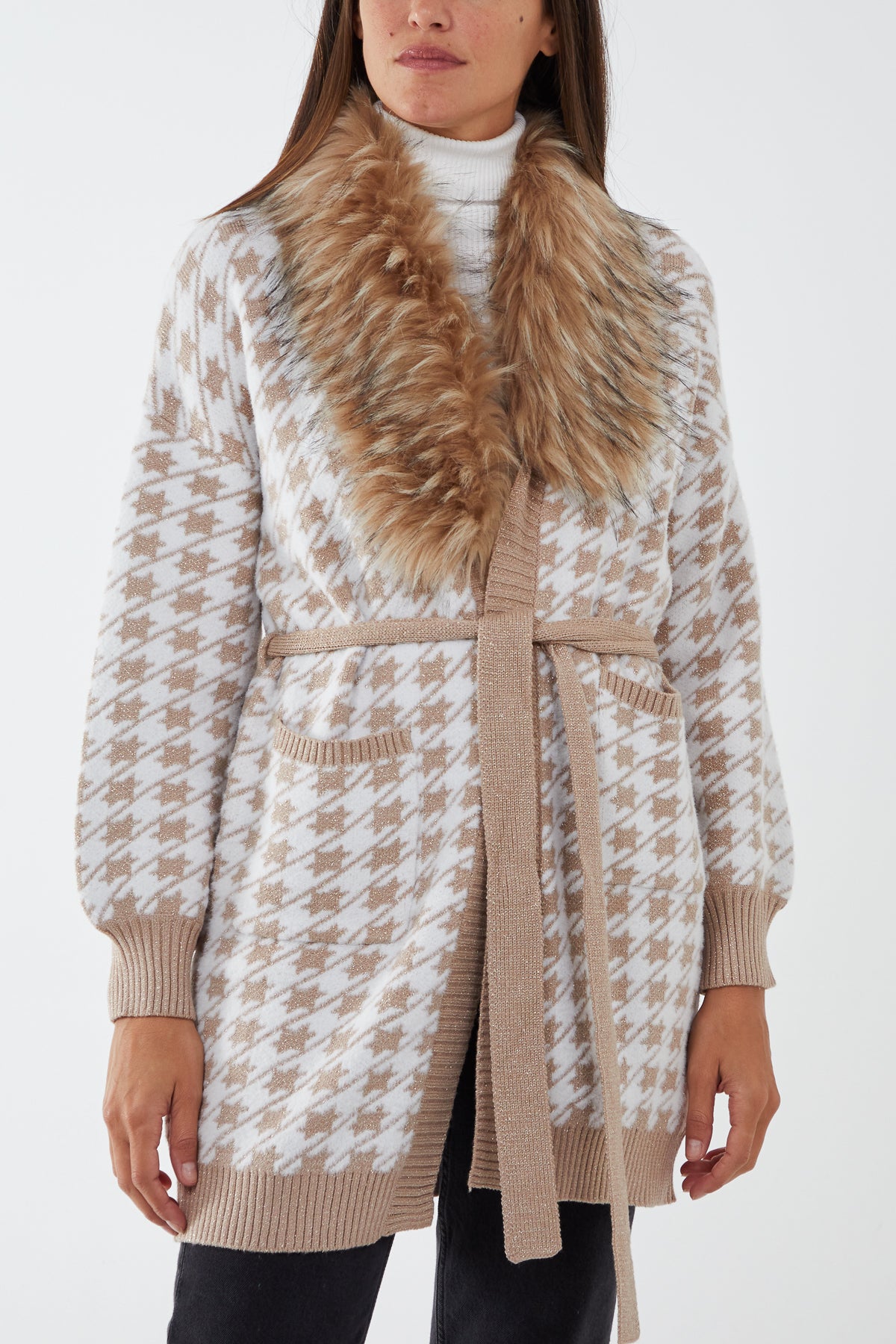Detachable Faux Fur Super Soft Touch Lurex Patterned Belted Cardigan