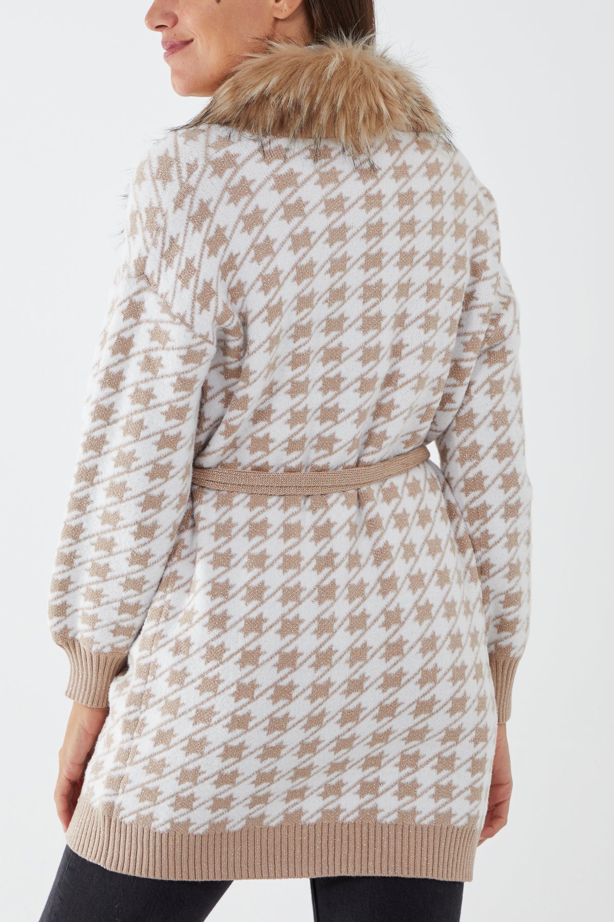 Detachable Faux Fur Super Soft Touch Lurex Patterned Belted Cardigan