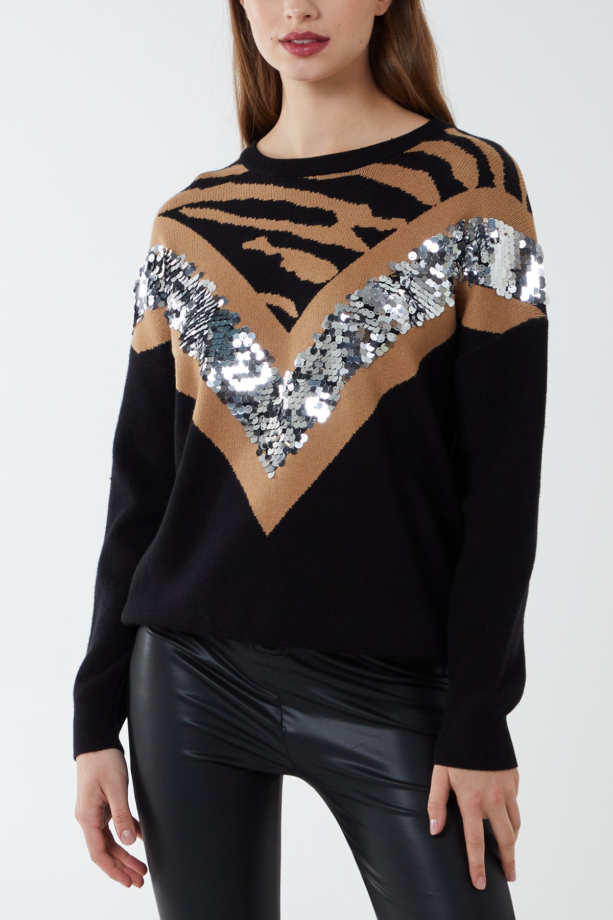 Sequined V Crew Neck Jumper