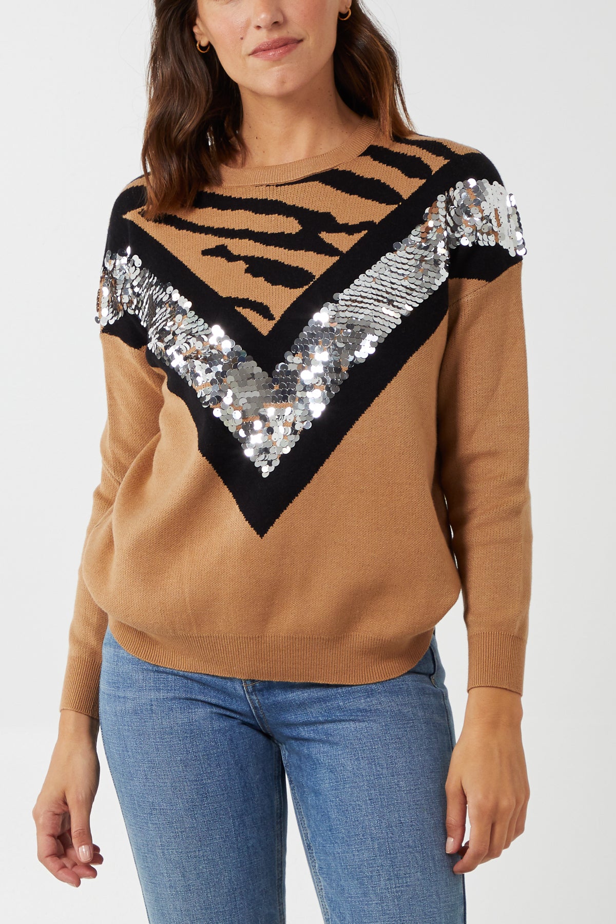 Sequined V Crew Neck Jumper