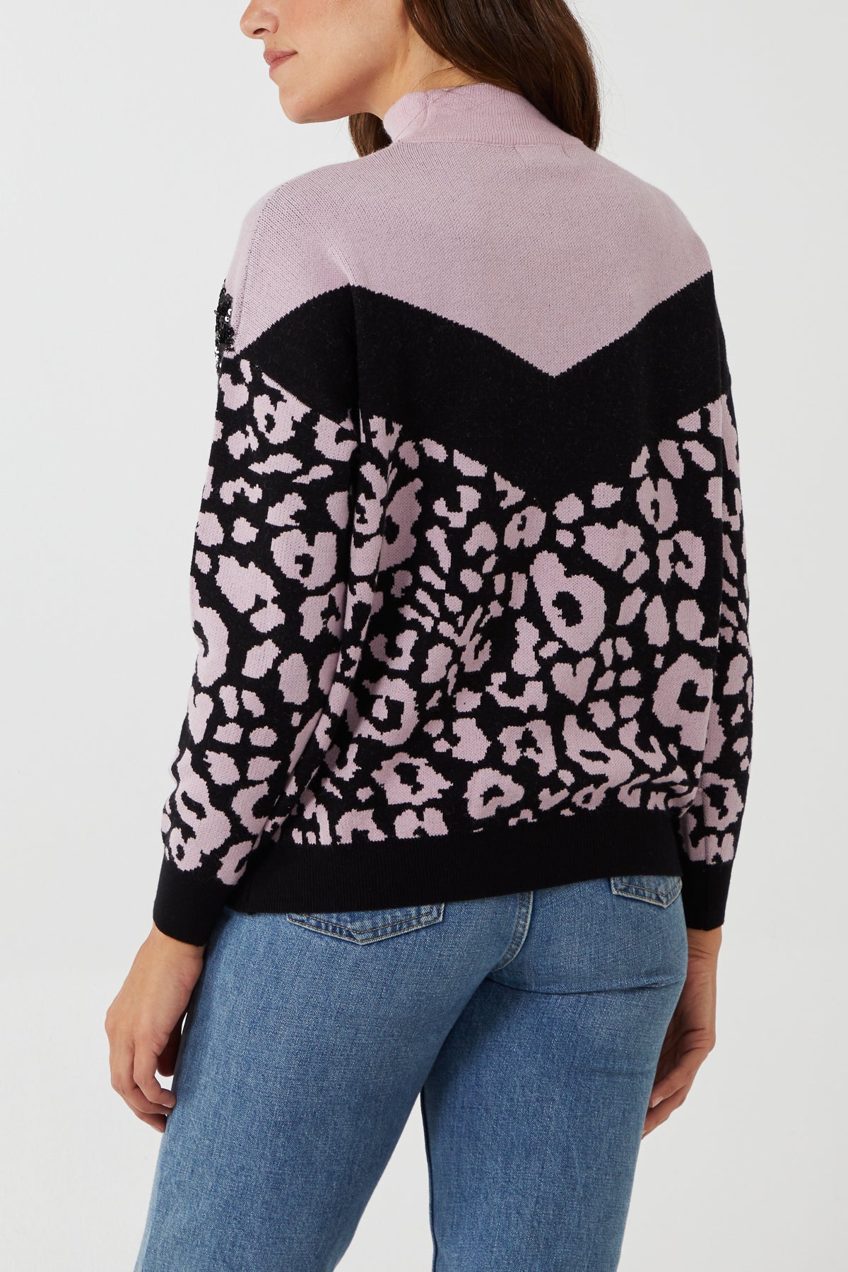 Animal Print & Sequin High Neck Jumper