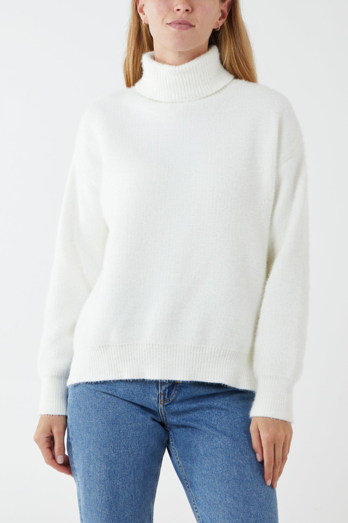 Short Hairy Soft Touch Roll Neck Ribbed Hem Jumper