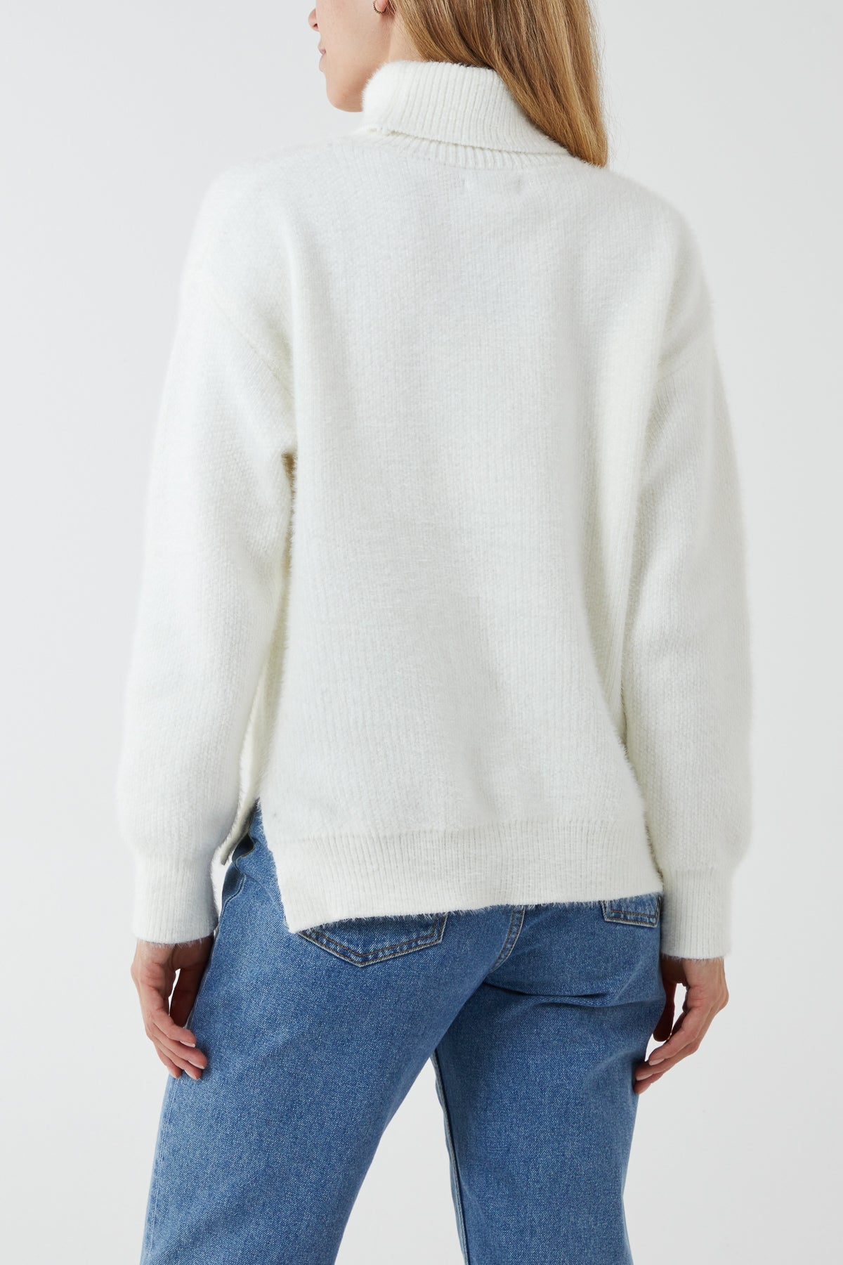 Short Hairy Soft Touch Roll Neck Ribbed Hem Jumper