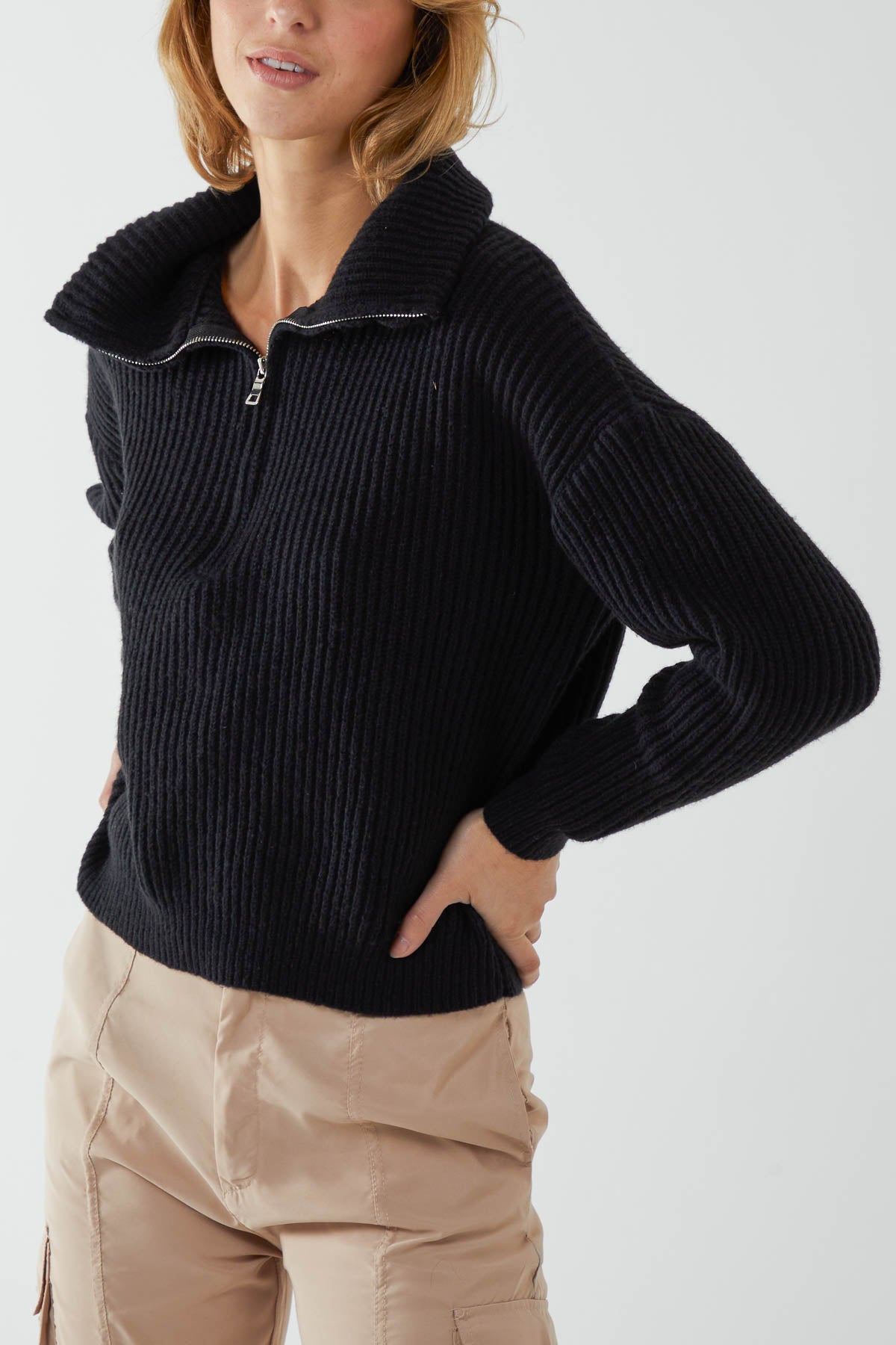 High Neck Half Zip Ribbed Jumper