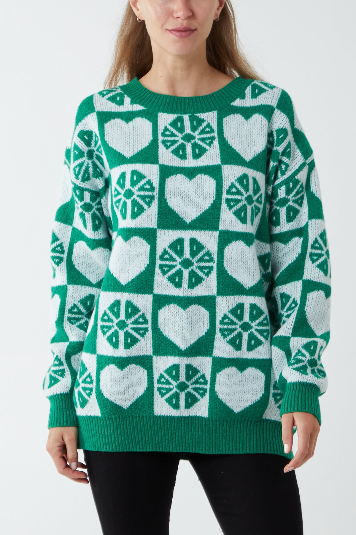 Round Neck Heart Checkerboard Jumper