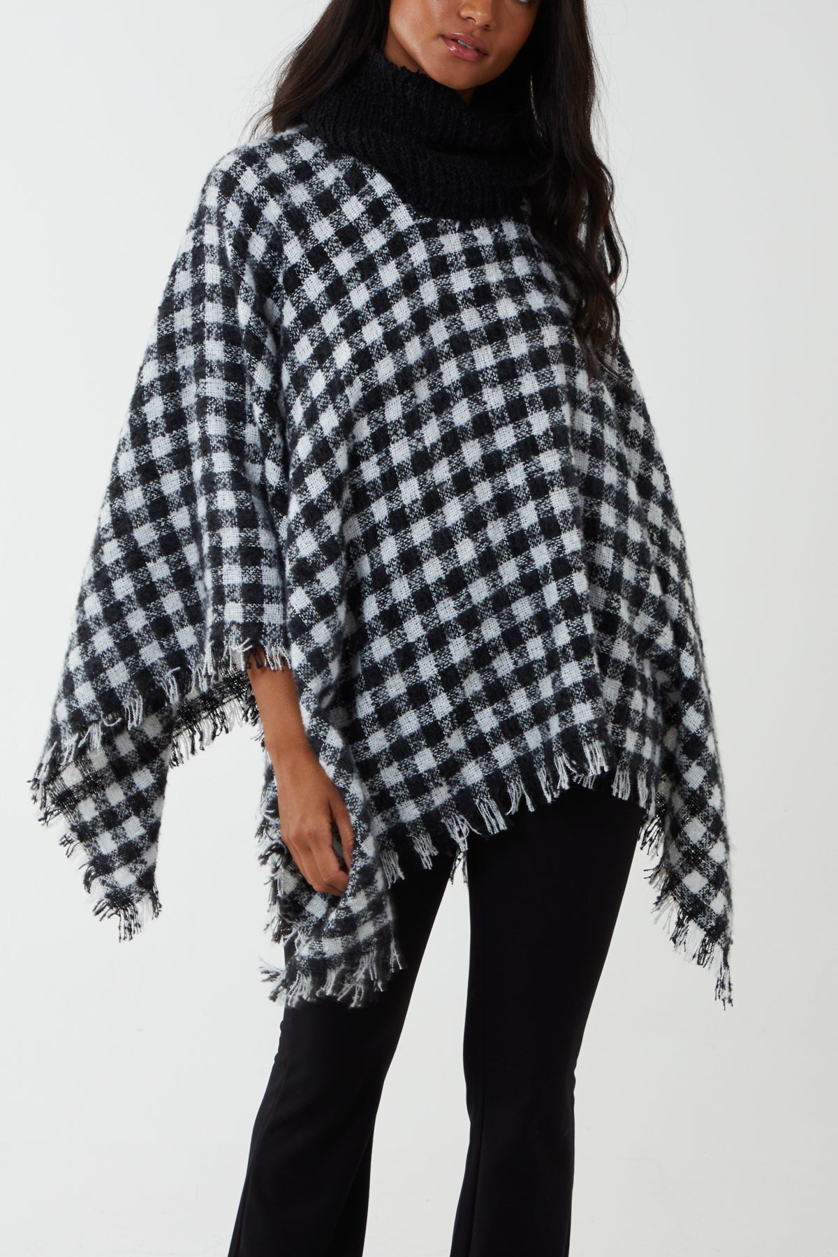 Plaid Roll Neck Tassel Poncho