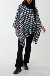 Plaid Roll Neck Tassel Poncho