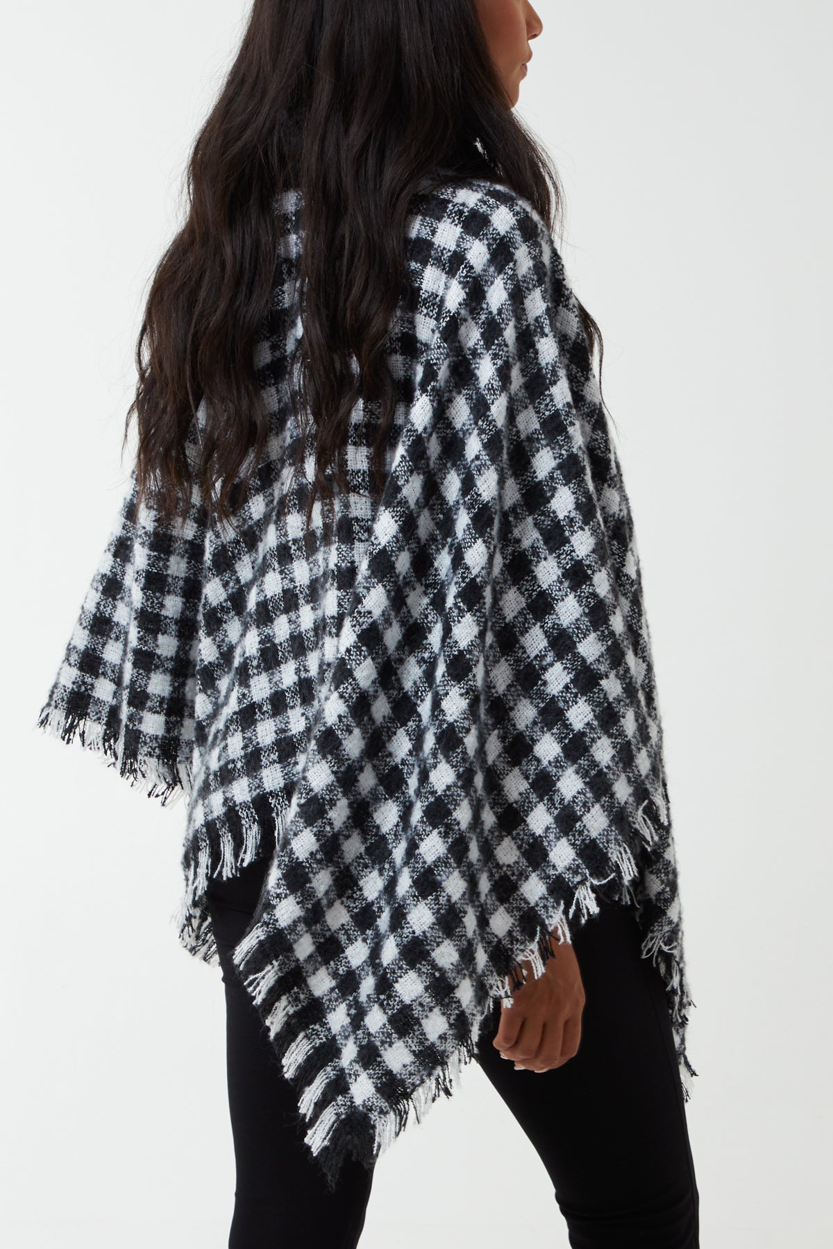 Plaid Roll Neck Tassel Poncho
