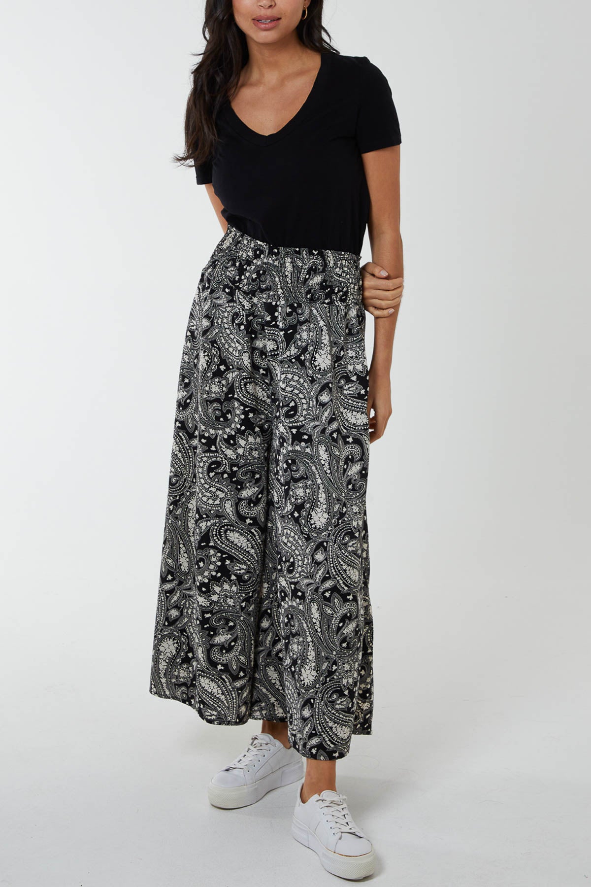 Shirred Wide Leg Paisley Trousers