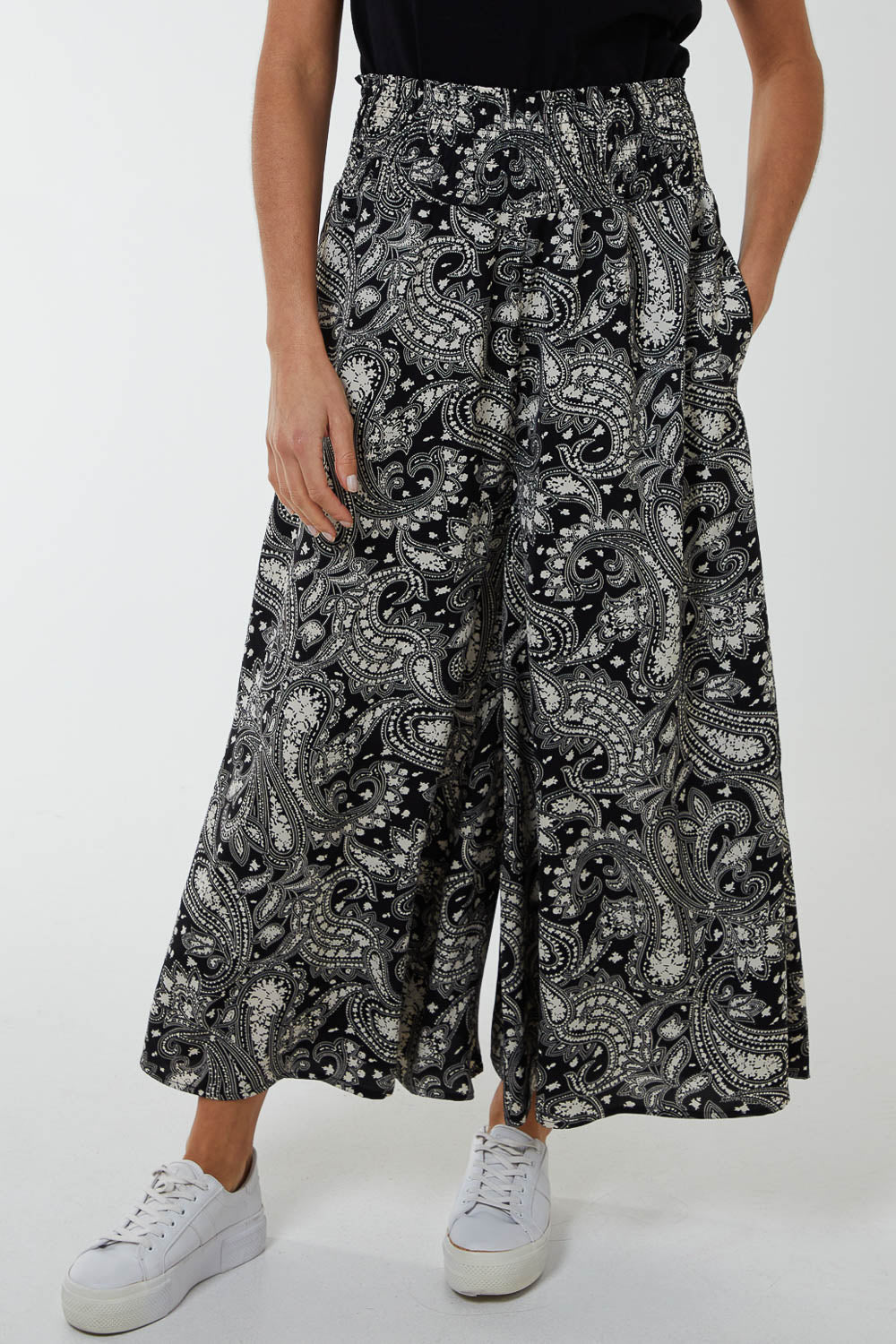 Shirred Wide Leg Paisley Trousers