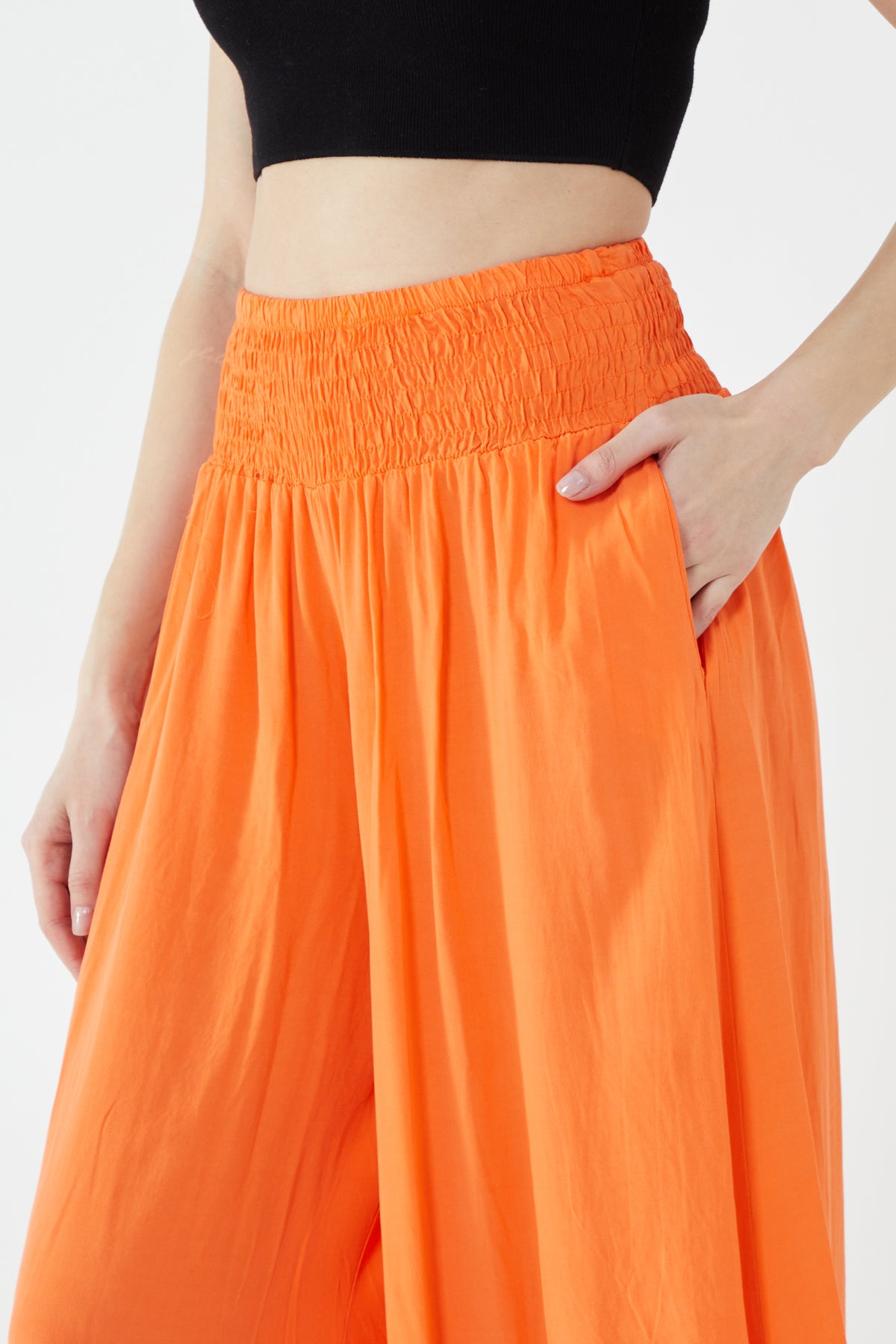Shirred Deep Waist Band Wide Culottes