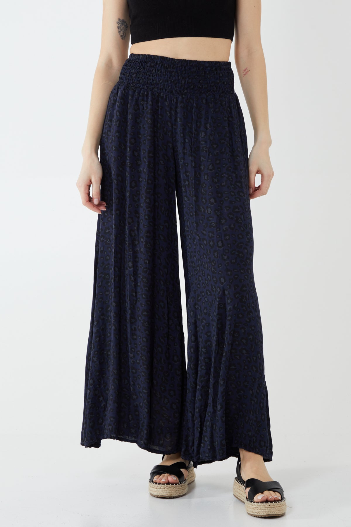 Leopard Print Ruched Waist Wide Leg Trousers