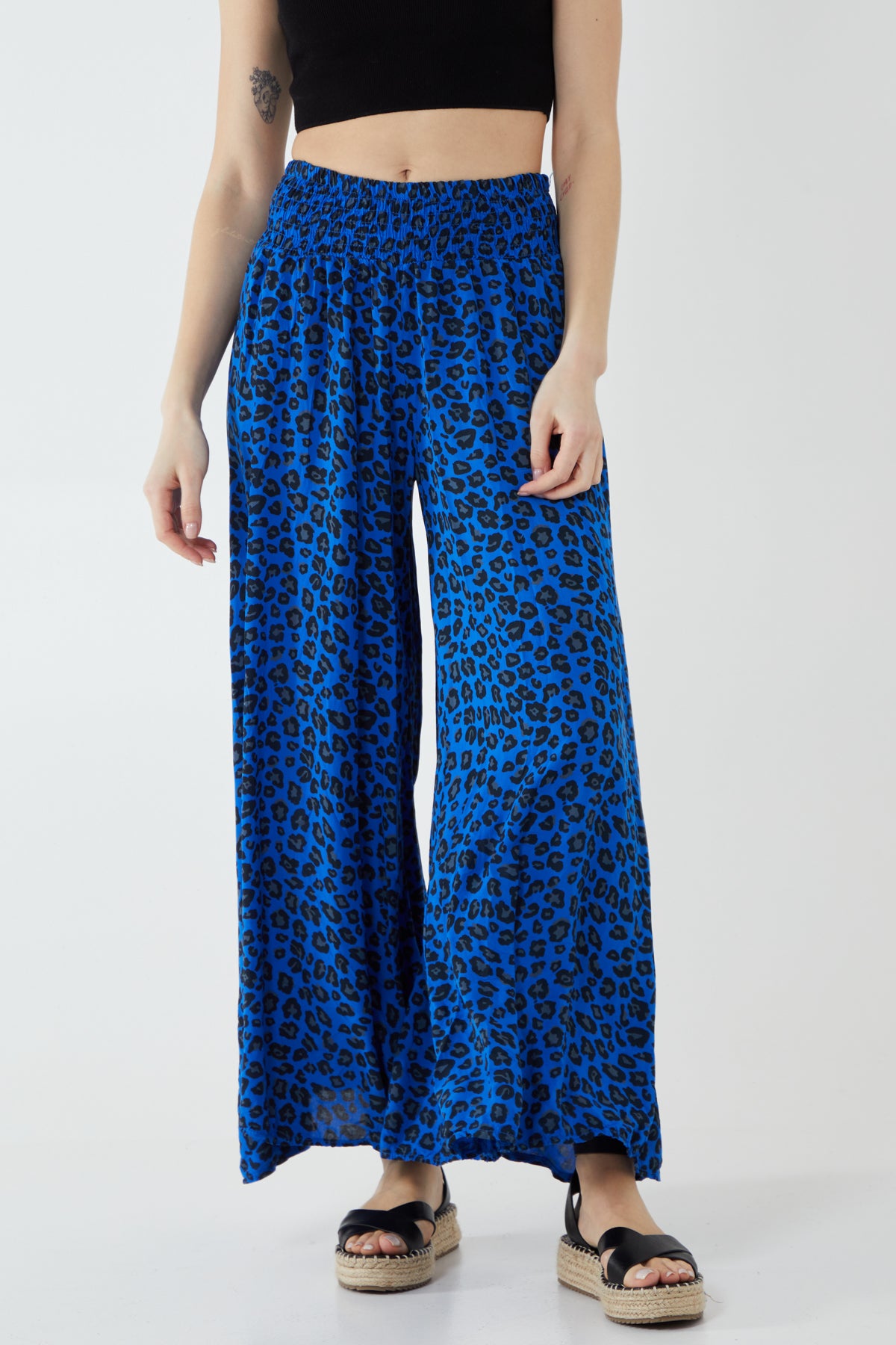 Leopard Print Ruched Waist Wide Leg Trousers