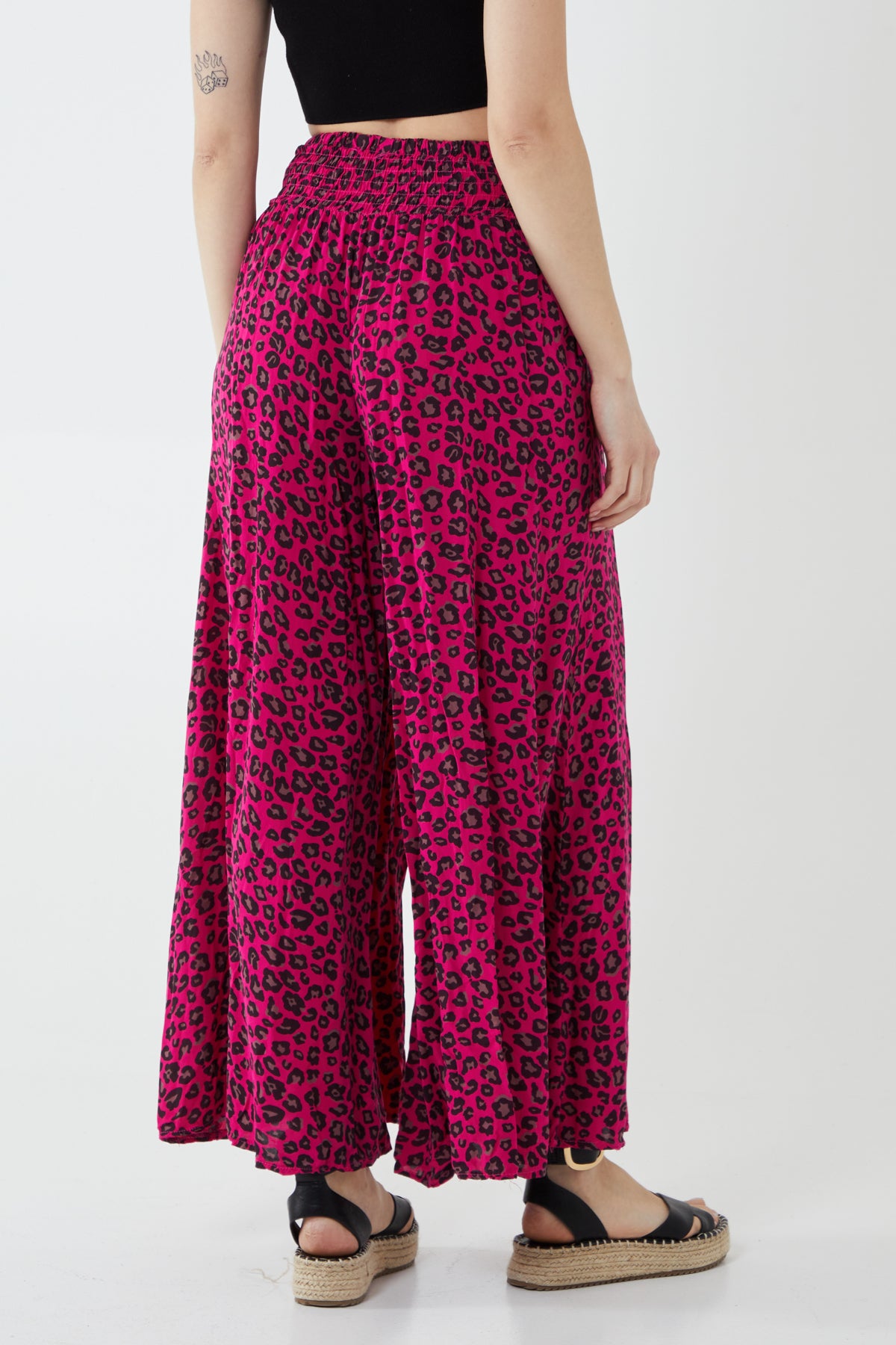 Leopard Print Ruched Waist Wide Leg Trousers