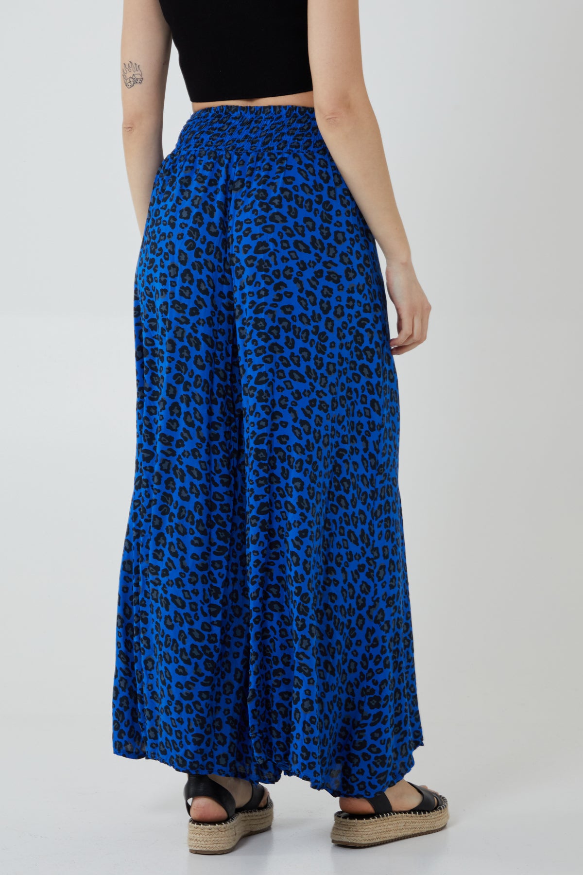 Leopard Print Ruched Waist Wide Leg Trousers