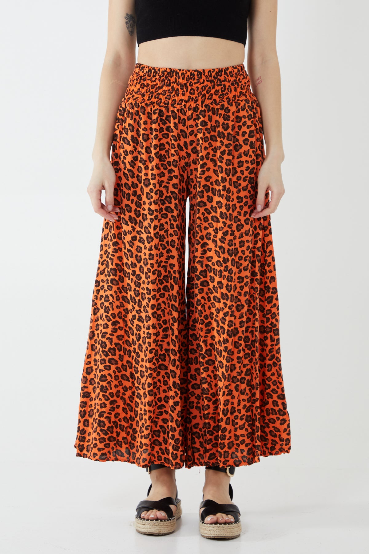 Leopard Print Ruched Waist Wide Leg Trousers
