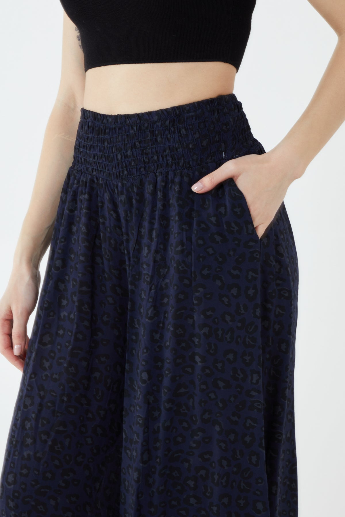 Leopard Print Ruched Waist Wide Leg Trousers