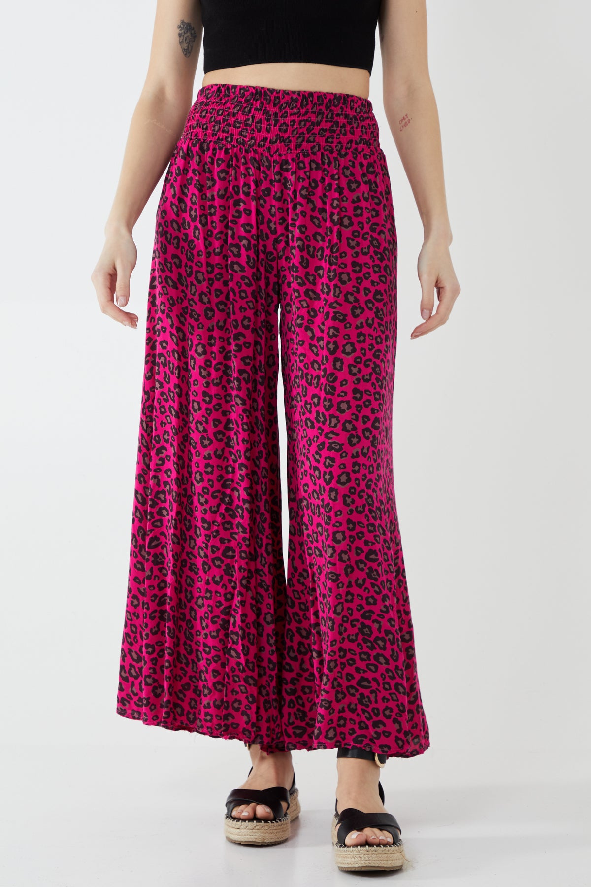 Leopard Print Ruched Waist Wide Leg Trousers