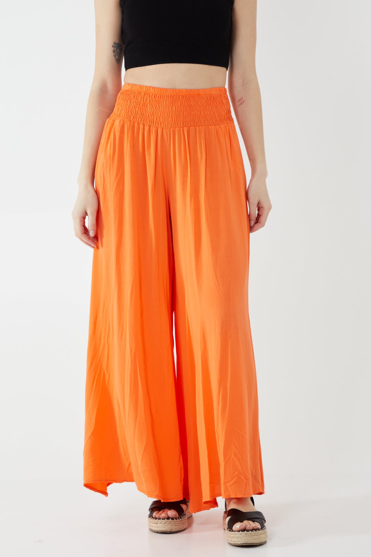 Shirred Deep Waist Band Wide Culottes