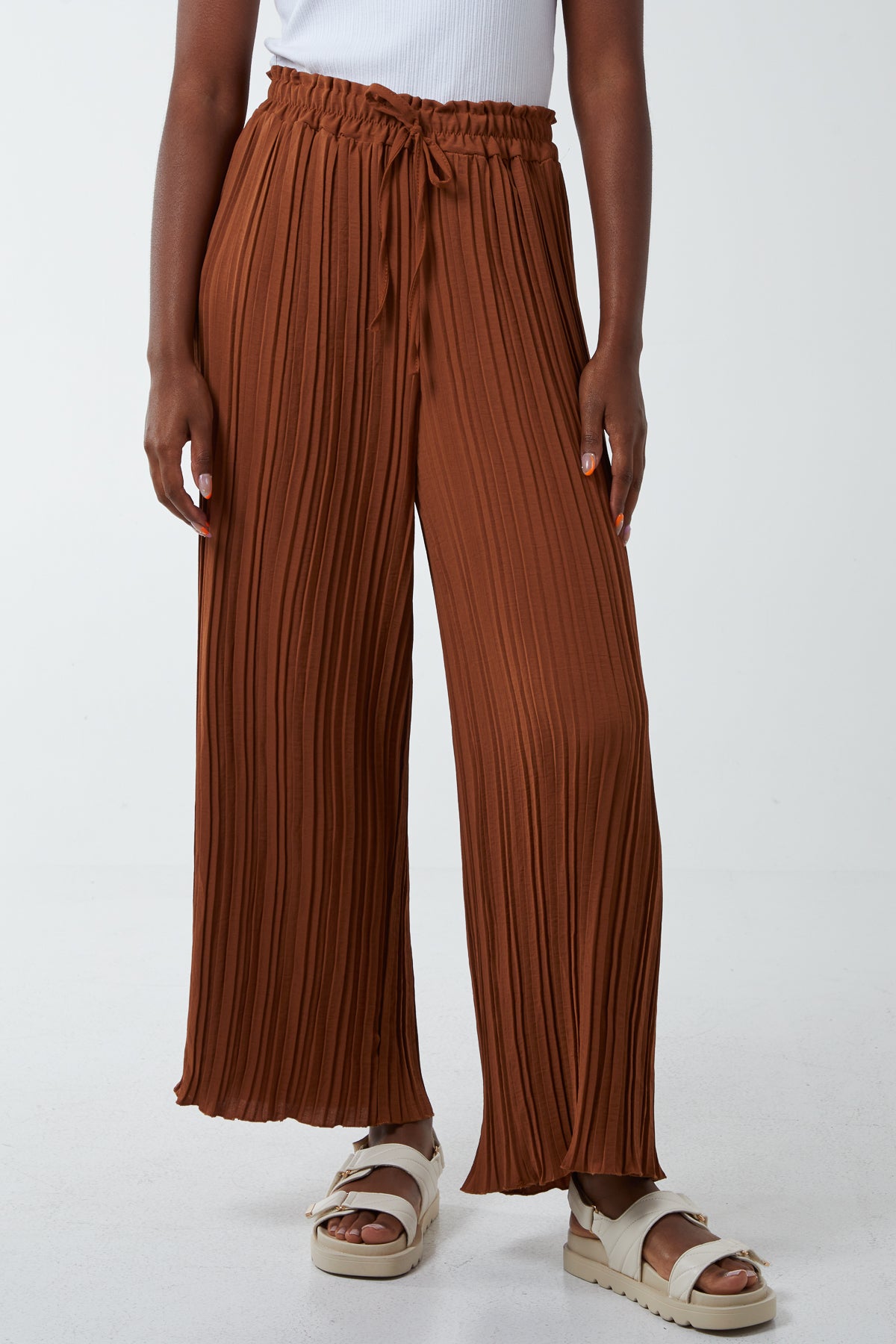 Wide Leg Plisse Drawstring Trousers
