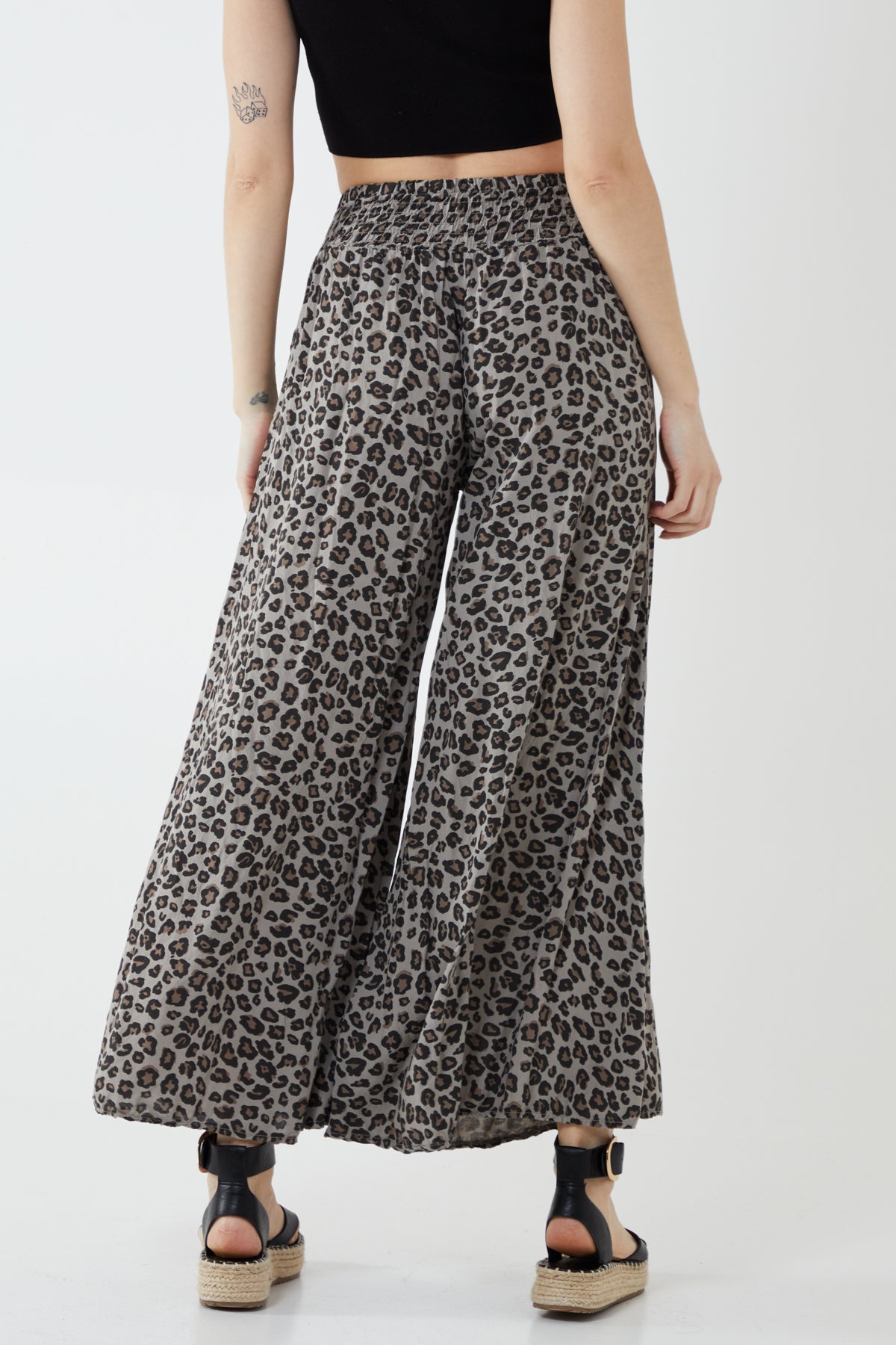 Leopard Print Ruched Waist Wide Leg Trousers