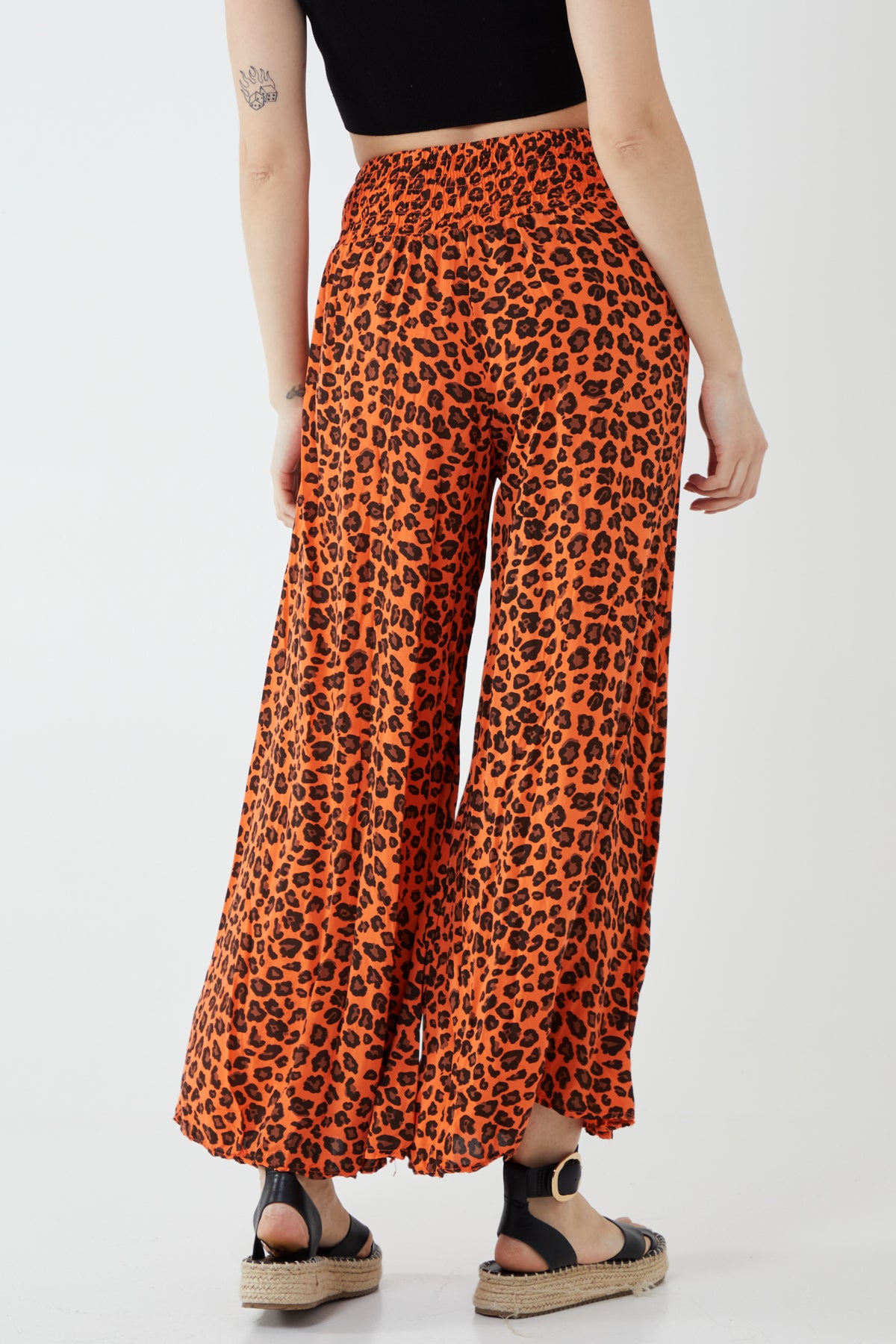 Leopard Print Ruched Waist Wide Leg Trousers