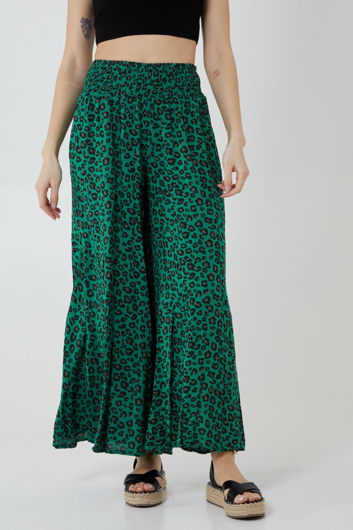 Leopard Print Ruched Waist Wide Leg Trousers