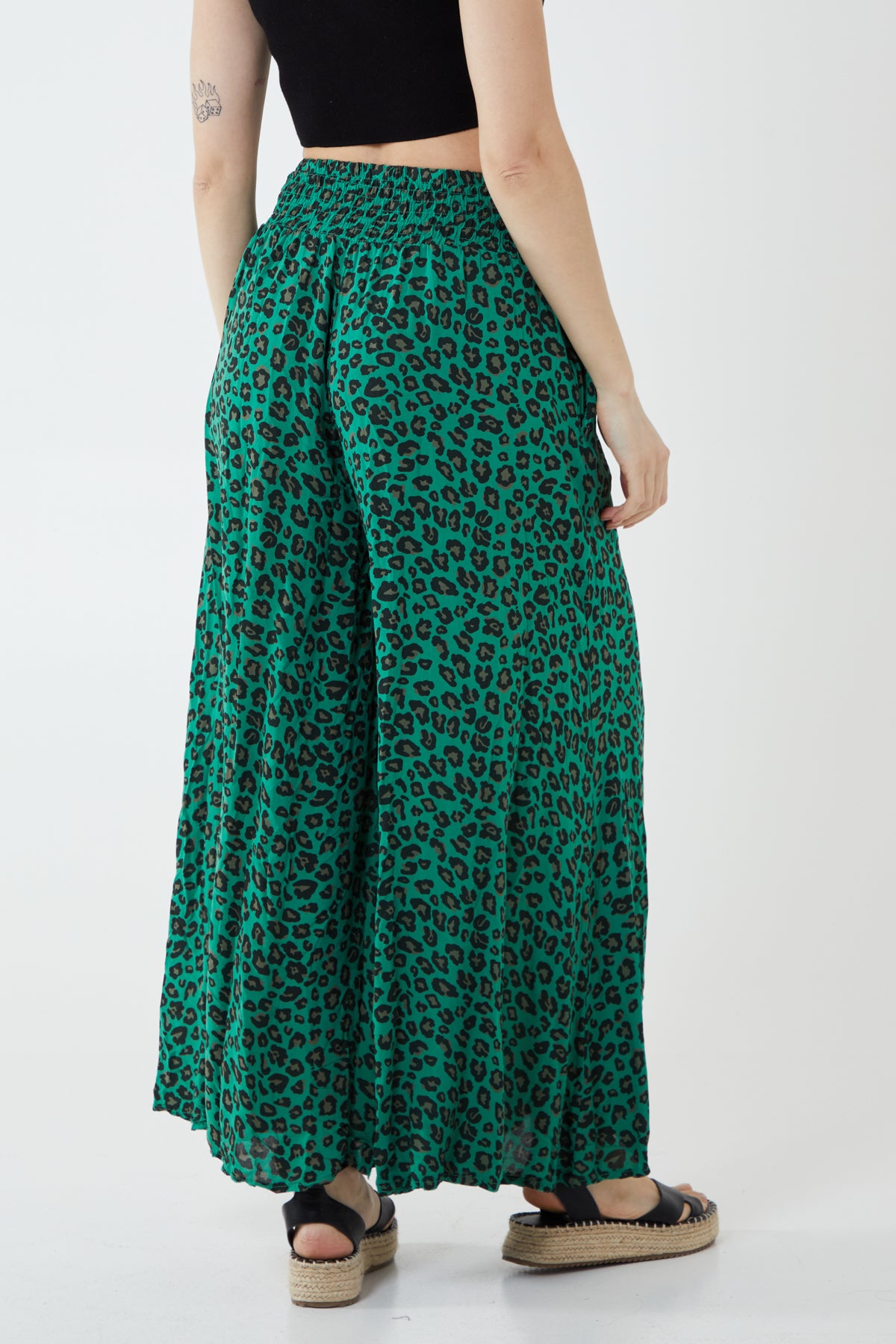 Leopard Print Ruched Waist Wide Leg Trousers