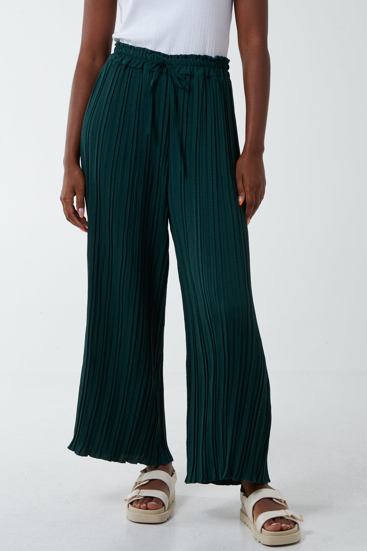 Wide Leg Plisse Drawstring Trousers