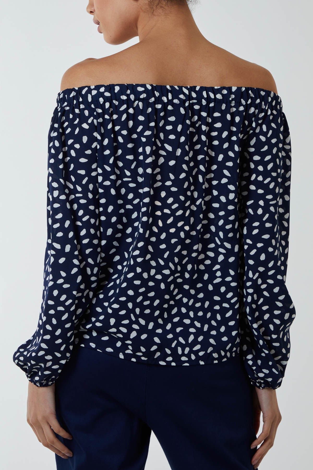 Abstract Dot Off Shoulder Balloon Sleeve Knot Top