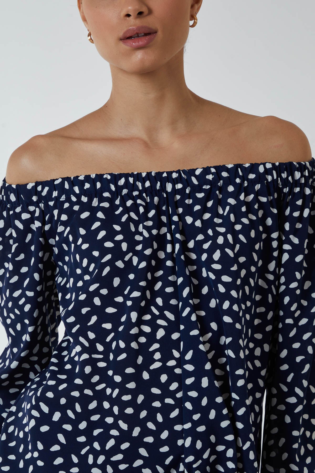 Abstract Dot Off Shoulder Balloon Sleeve Knot Top