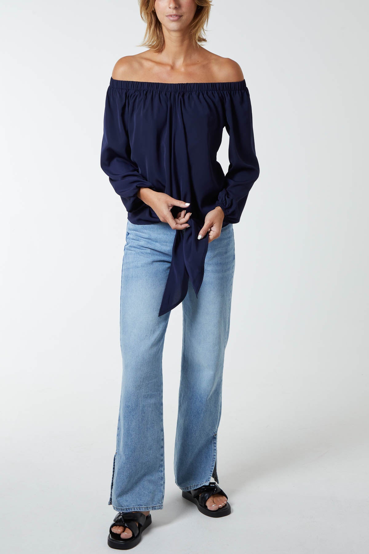 Off Shoulder Balloon Sleeve Knot Top