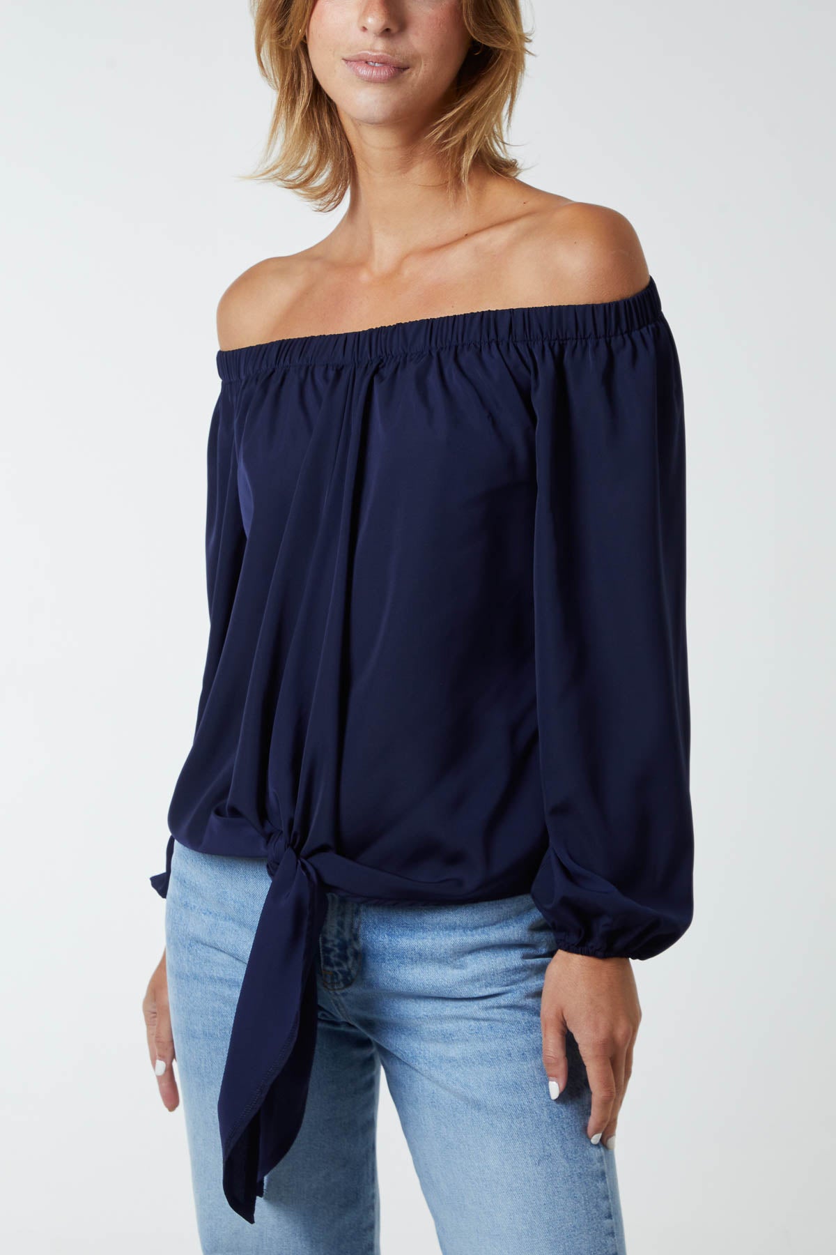 Off Shoulder Balloon Sleeve Knot Top
