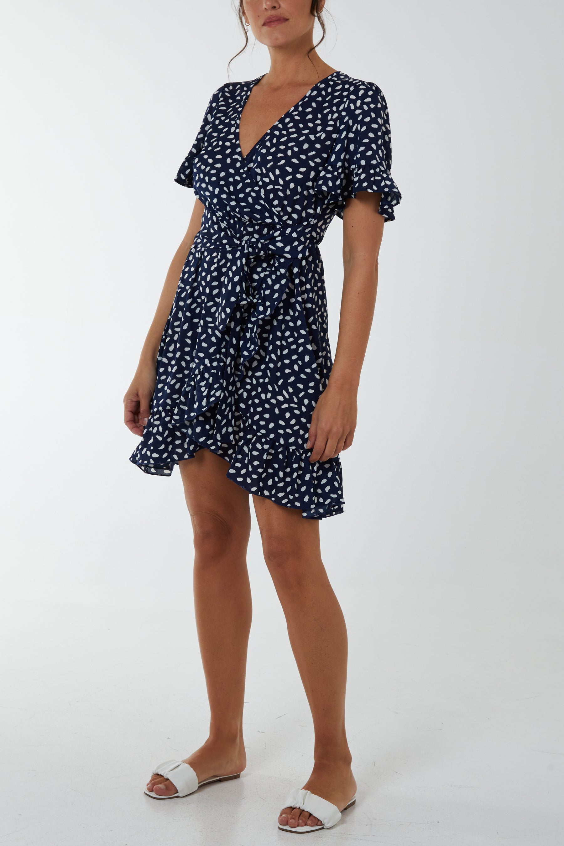 Abstract Polkadot Wrap Front Side Tie Mini Dress