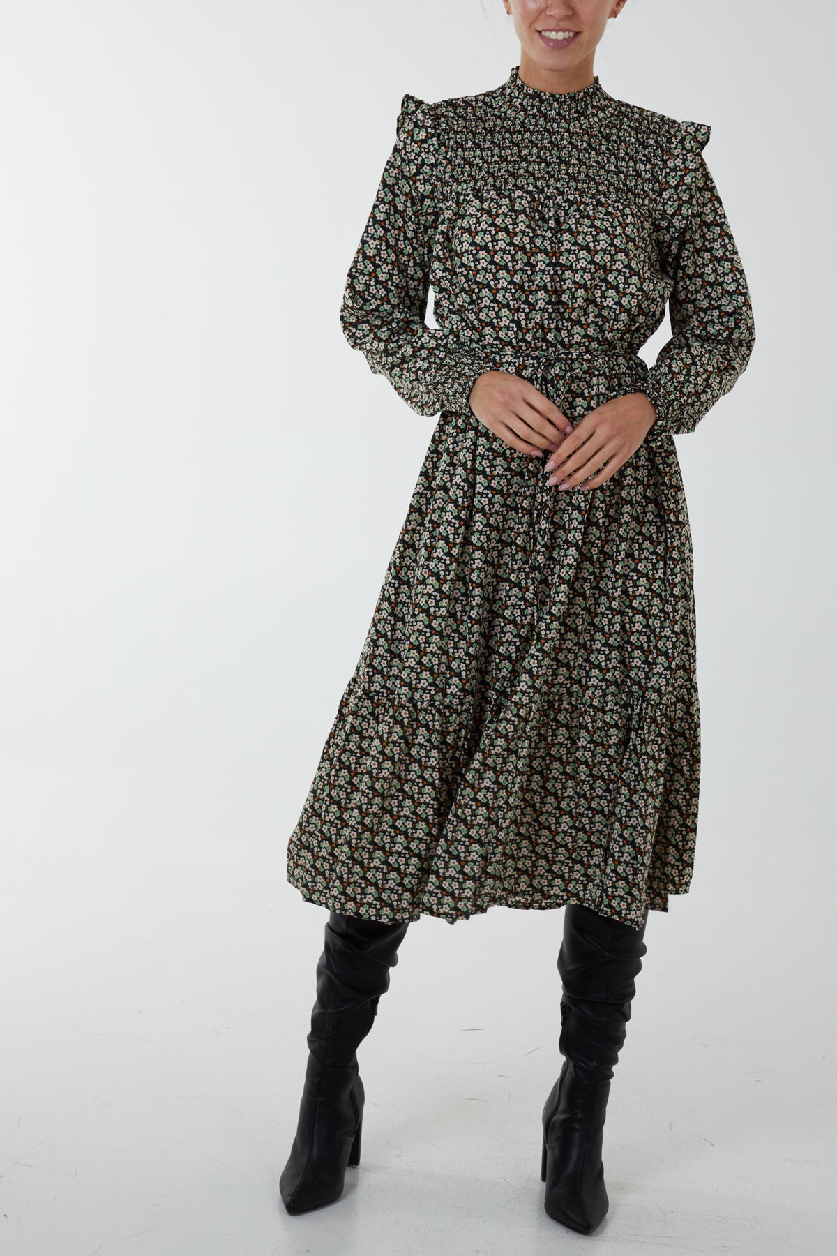 Frill Printed V-Neck Midi Dress main image 1
