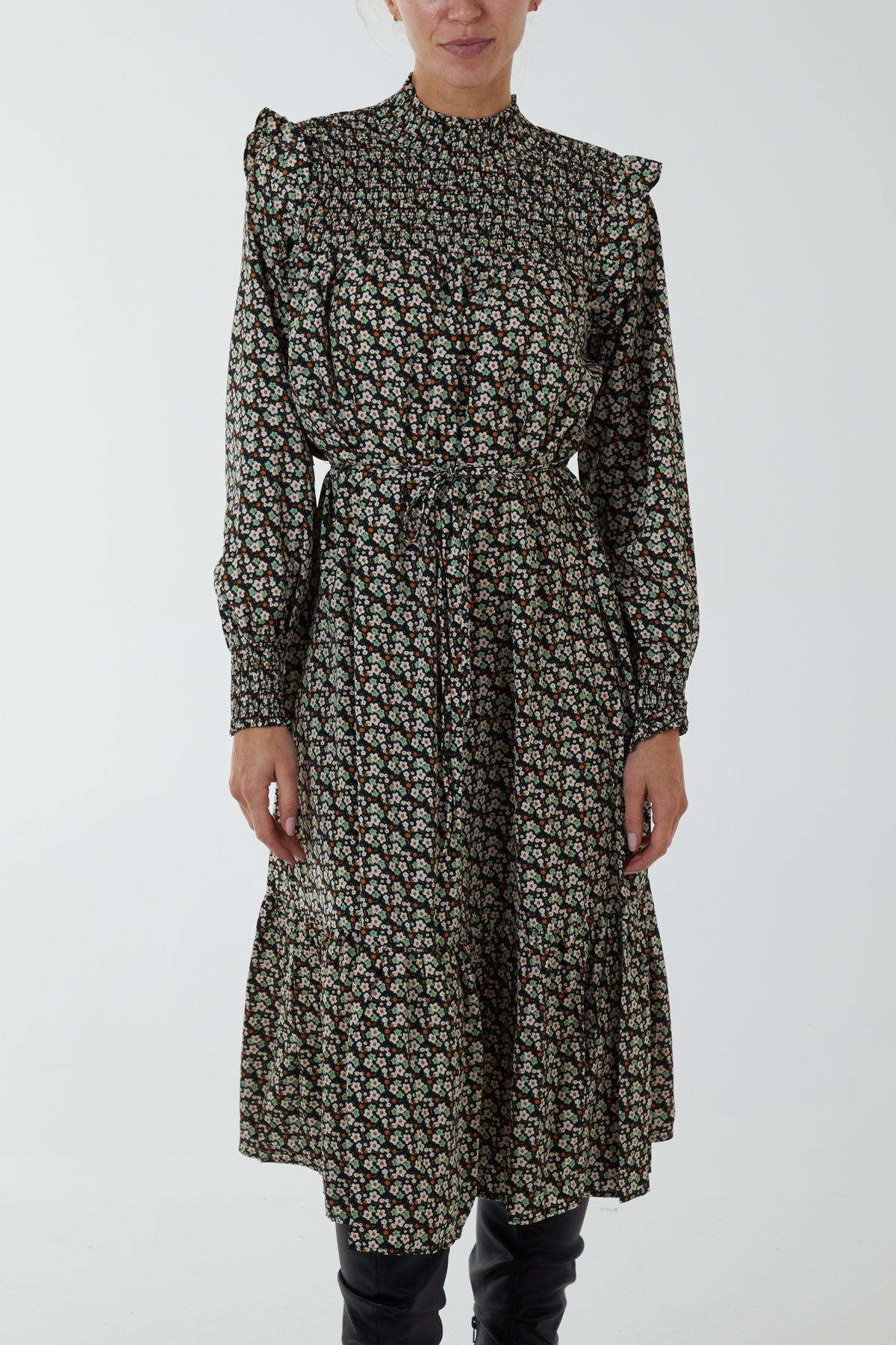 Frill Shoulder Floral Midi Dress