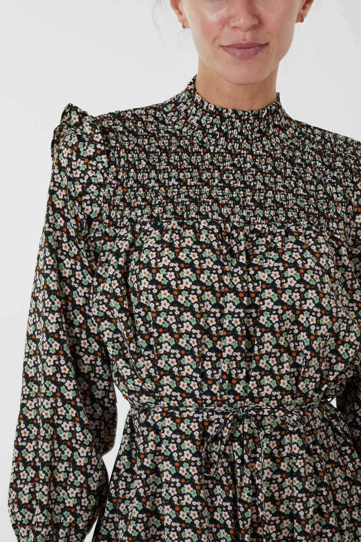 Frill Shoulder Floral Midi Dress