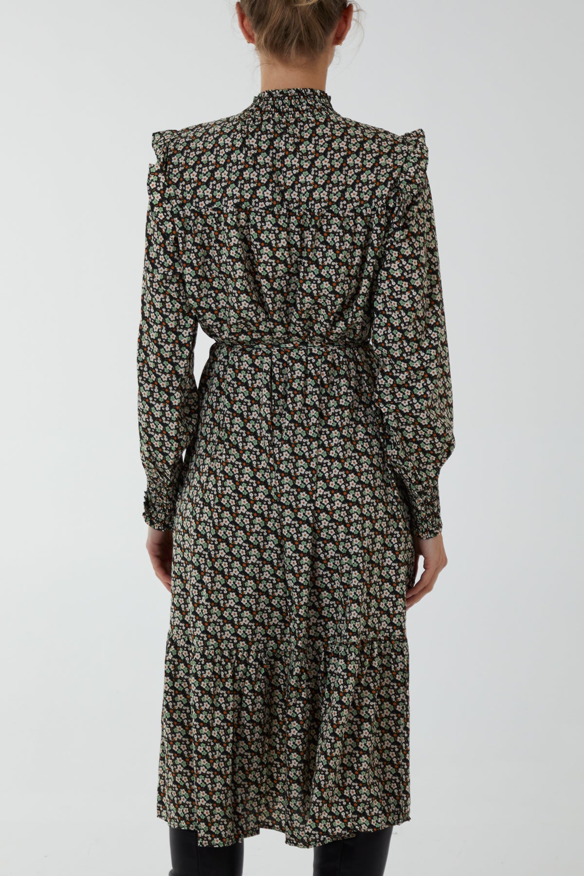 Frill Shoulder Floral Midi Dress