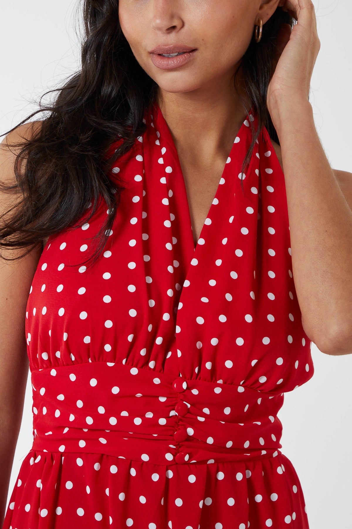 Polka Dot Halterneck Button Belt Maxi Dress